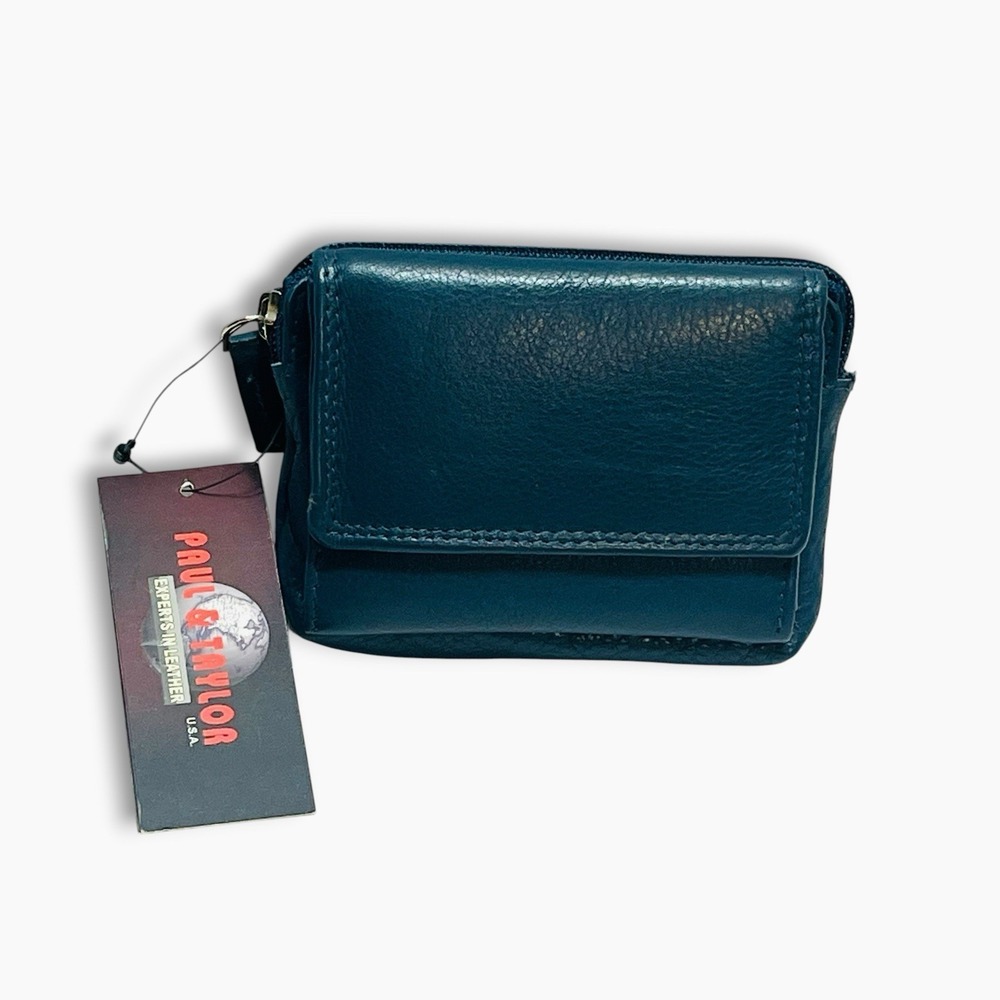 Paul & Taylor Wallet Blue Leather Trifold Keychain Change Purse NWT Zip